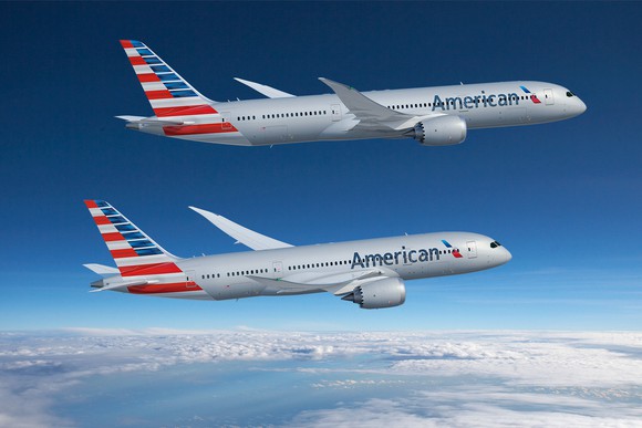 A rendering of a 787-8 and a 787-9 flying side-by-side in American Airlines liveries