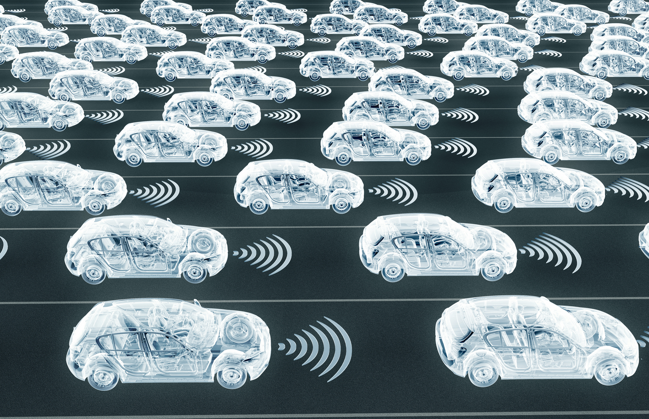 Graphic of cars on a road with signals coming out of the front of the vehicle.