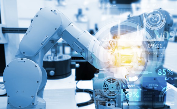 A robot working in a factory.