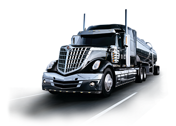 Large black big-rig truck on a highway with background whited out.