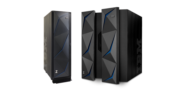 The full-size z14 mainframe and the single-frame version.
