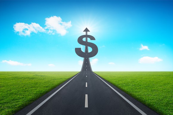 A road going up into the sky forming a dollar sign.