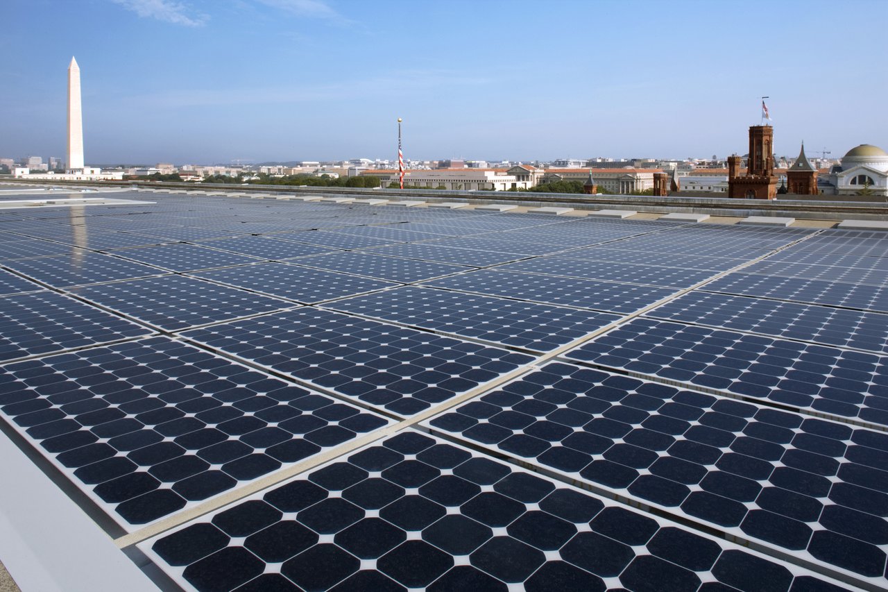 SunPower rooftop solar installation with Washington D.C. in the background.