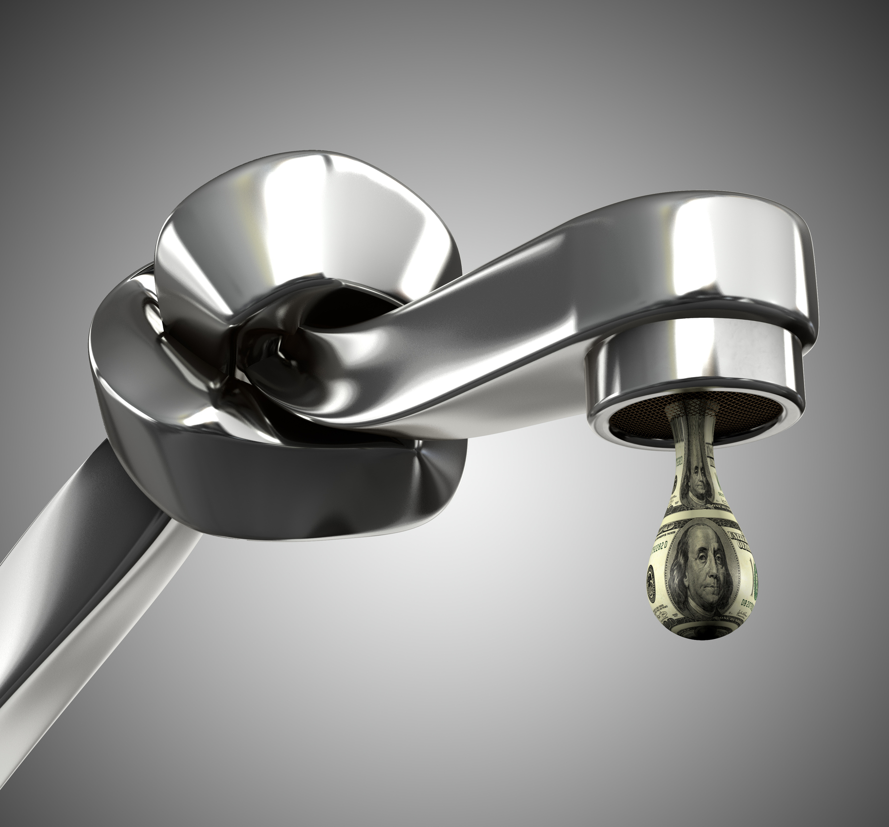 A droplet of cash leaking from a knotted faucet
