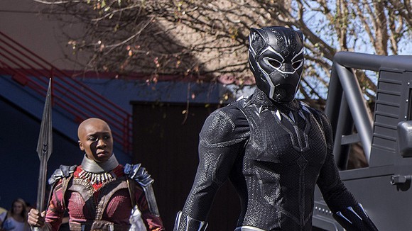 Okoye and Black Panther, in a still from the film