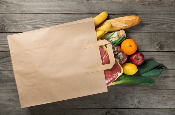 Food spilling out of a grocery bag