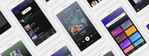 Screenshots of Spotify's new mobile app on multiple devices.