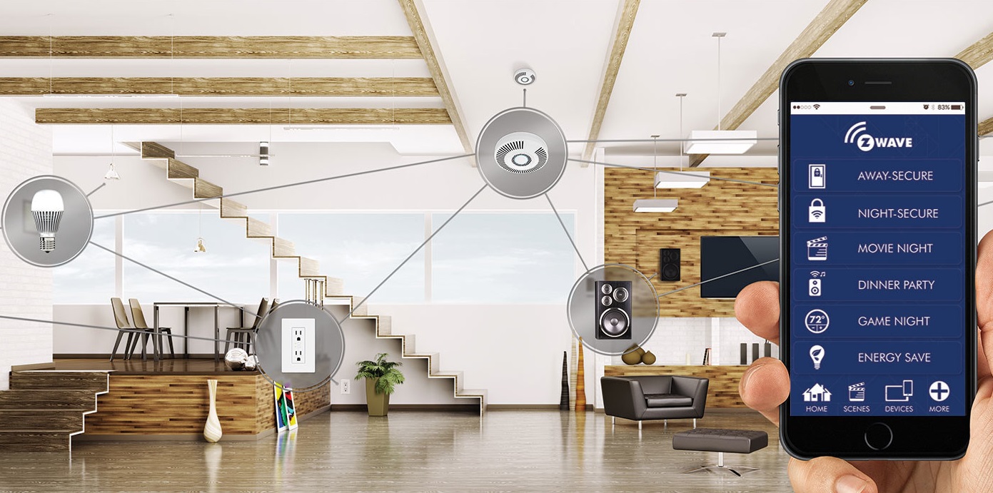 Smartphone with ZWAVE app running connected smart home devices