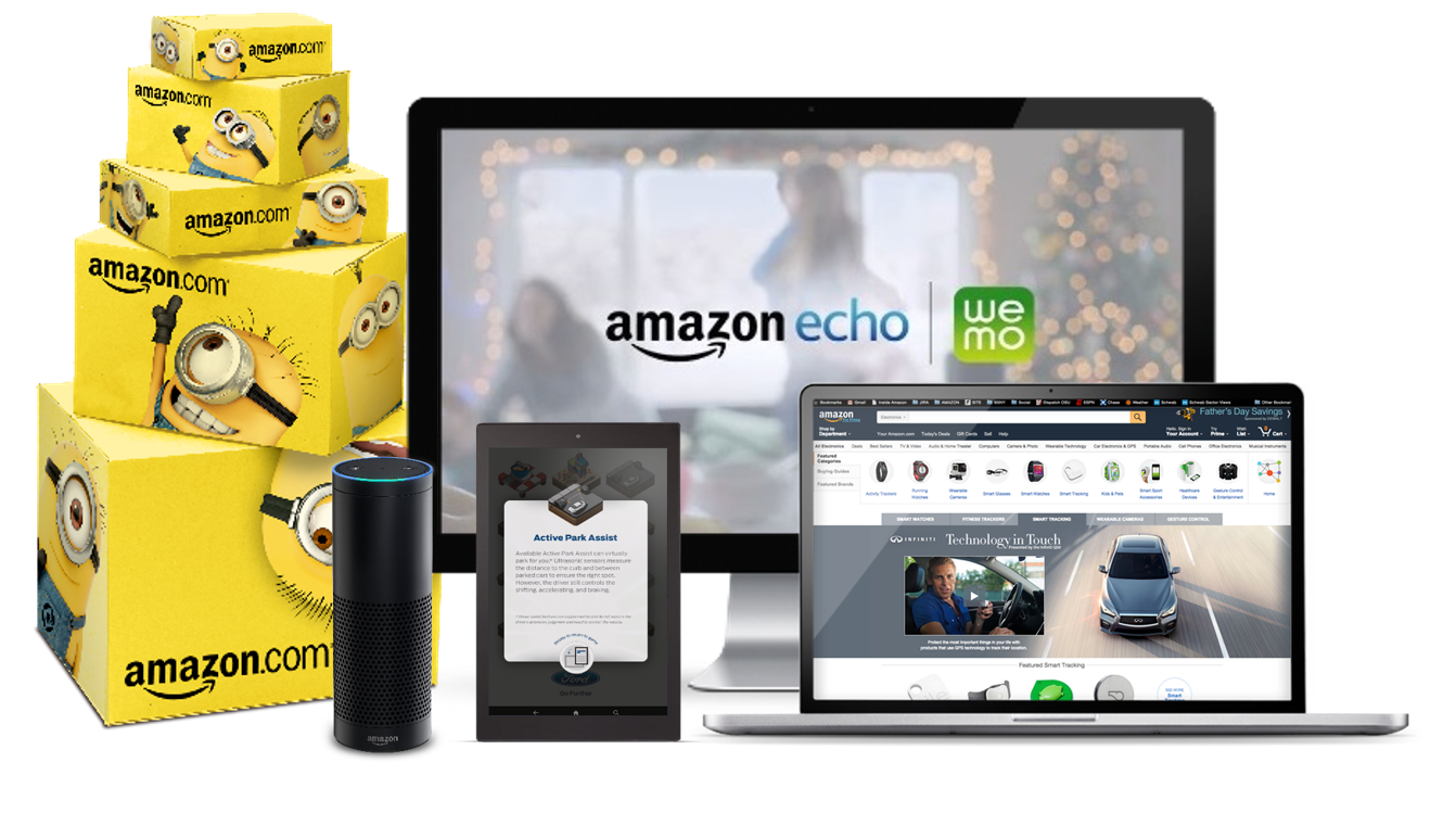 Various forms of Amazon advertising: sponsored packaging, Alexa ads, and display ads on desktop and mobile.