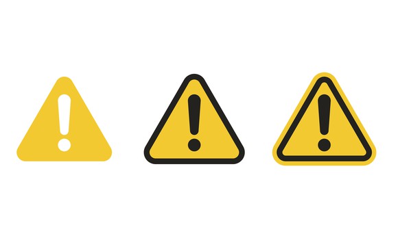 Three yellow triangles, one with a white exclamation point, and two with black exclamation points in them.