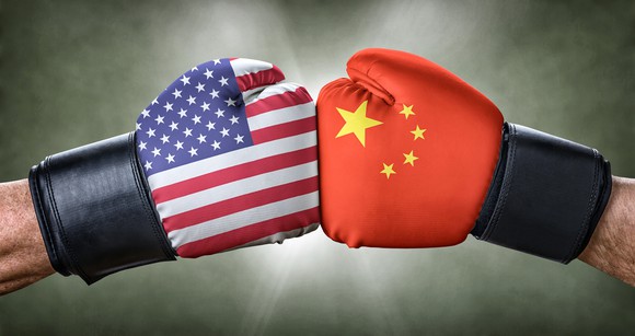 Two boxing gloves featuring the flags of the U.S. and China.