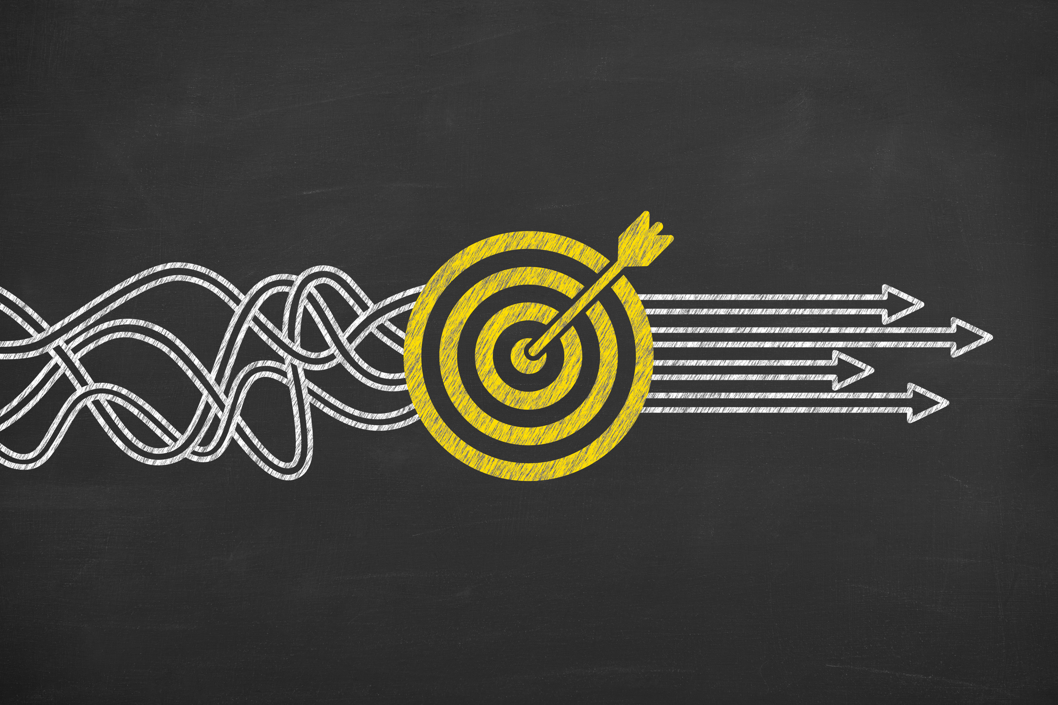 Winding paths before a bullseye followed by straight lines after it.