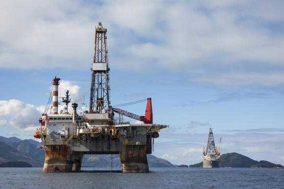 Offshore oil rig in shallow water.