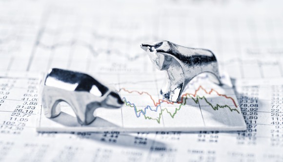 A bull and a bear figurine on top of paper stock charts.