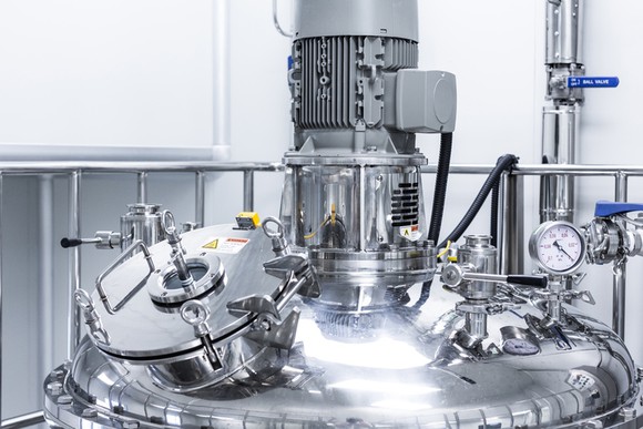 A pilot-scale stainless steel bioreactor.