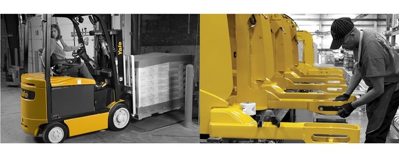 Composite of person driving lift truck and person working on a line of lift mechanisms.