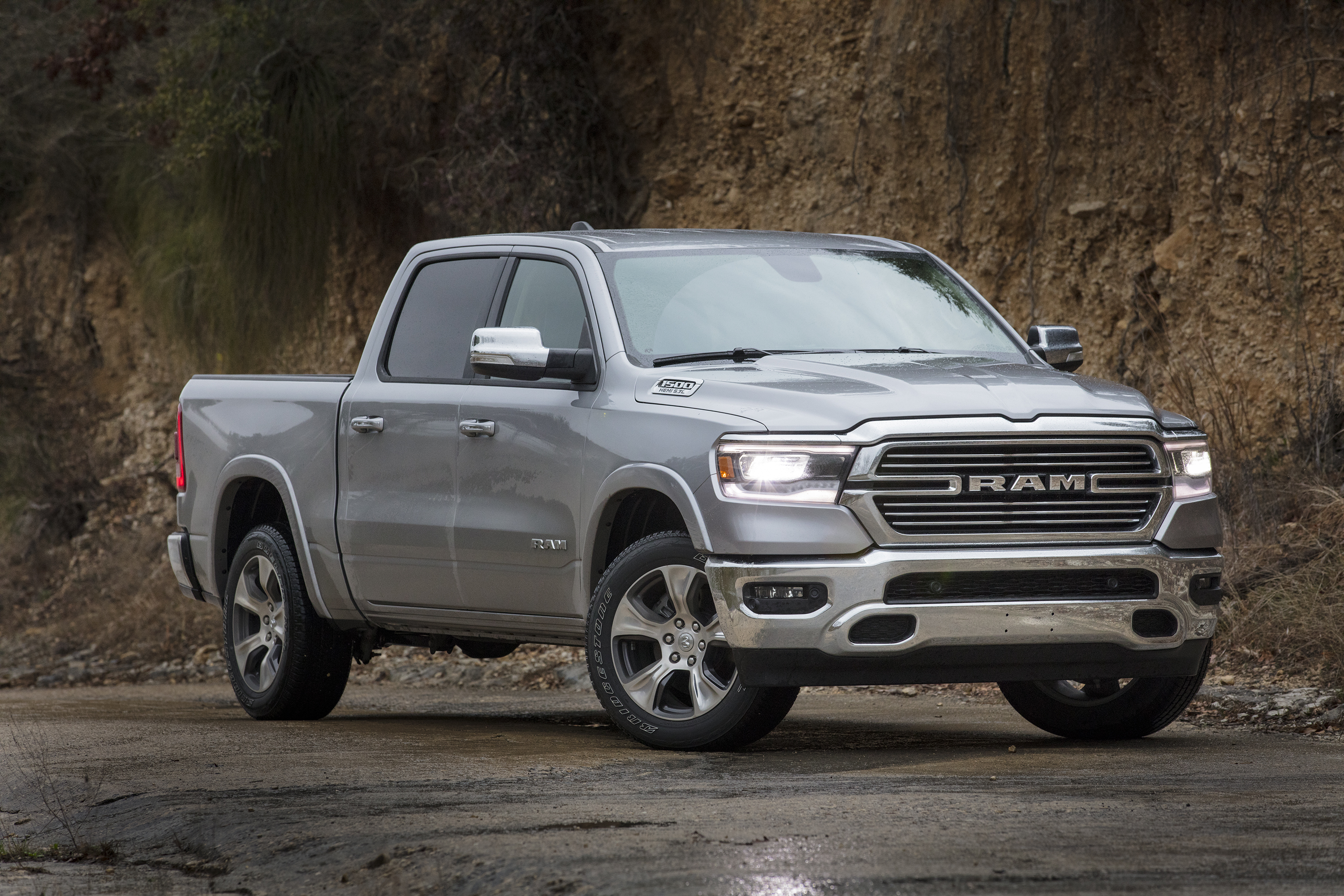 A silver 2019 Ram Limited, an upscale full-size pickup truck.