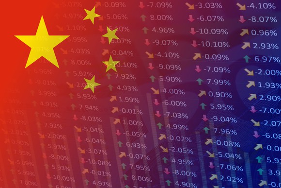 Chinese flag with percentage chart in the background.