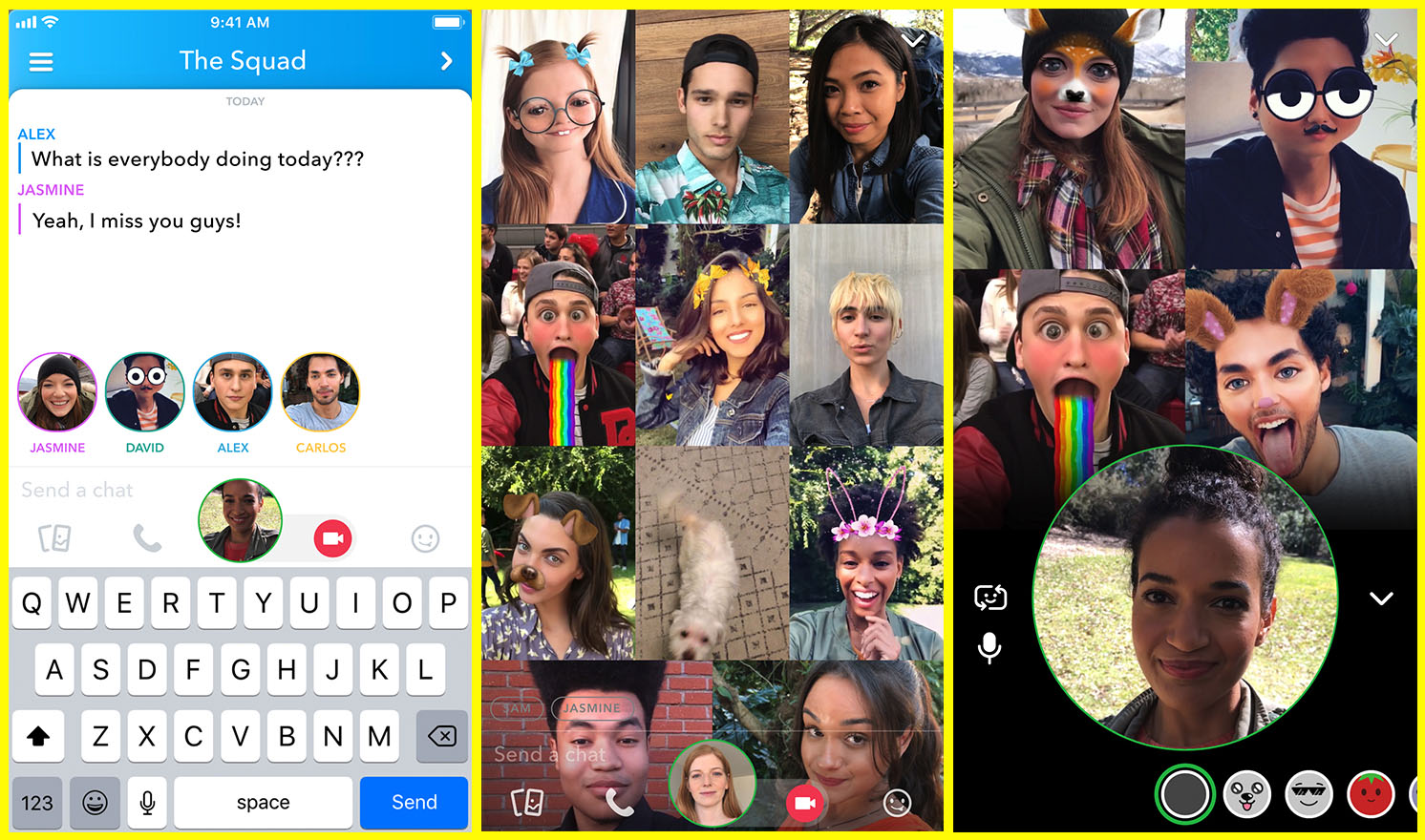 Screenshots of Snap's new group video chat feature.