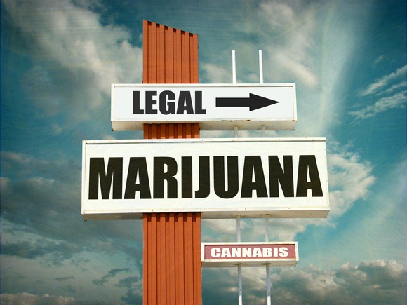 Three signs, one that says Legal and points to the right, one that says marijuana, and one that says cannabis, all against a blue sky with clouds.