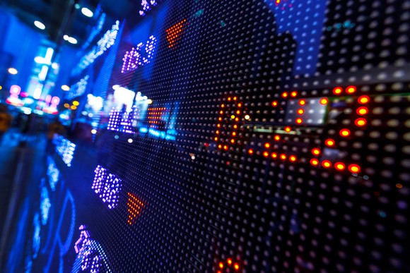 Colorful, impressionistic electronic stock board display