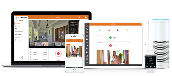 Alarm.com software running on various devices.