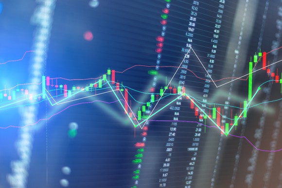 Stock price chart on dark background.