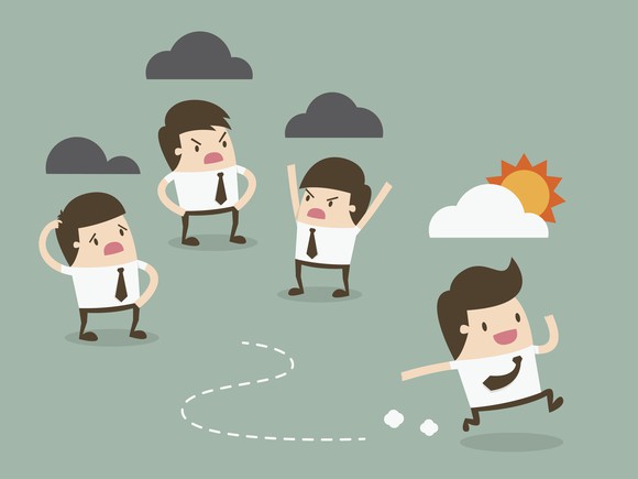 Illustration of three people frowning, with clouds overhead, while one happy person with a sun and cloud overhead is running.