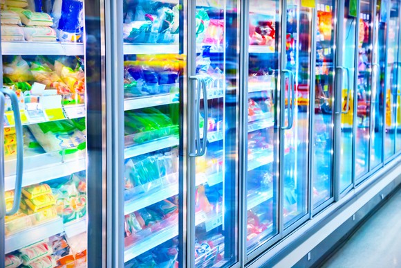The frozen foods aisle at a grocery store.