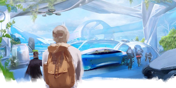 Rendering of future-scape featuring multiple modes of transportation, including an automobile in the foreground.