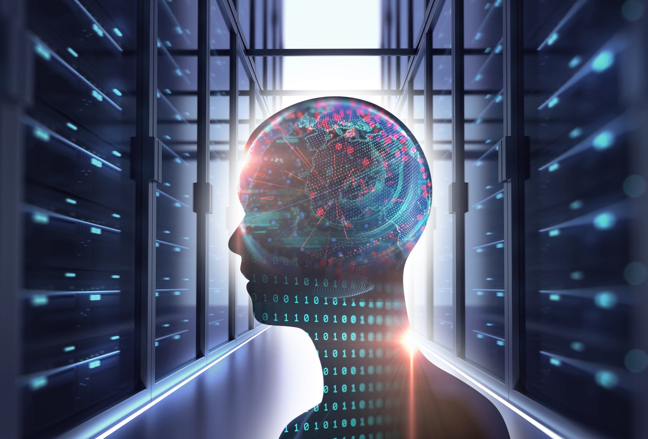 The inside of a data center with the outline of a person's head, filled with 0s and 1s and other things in the digital realm, in the foreground -- concept for AI.