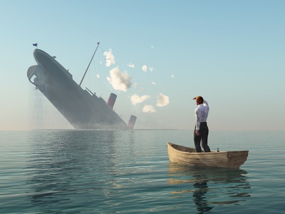 A painting of a man standing in a rowboat watching a sinking ship