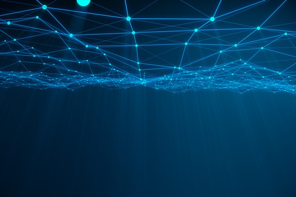 Illuminated lines on a blue background illustrating abstract cloud networking concept.