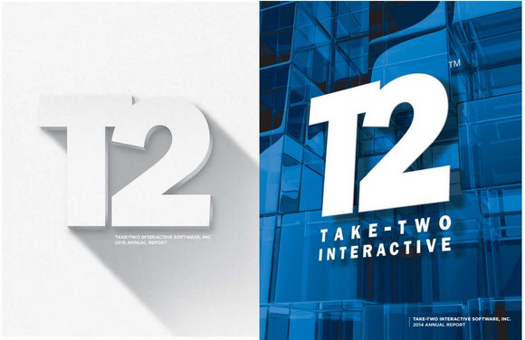 Take-Two's T2 logo featured prominently on two separate pages of annual reports.
