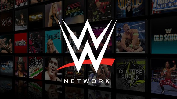 WWE Network logo on top of darkened set of screens of wrestling entertainment.
