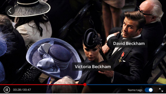 David and Victoria Beckham dressed up with their names under their images -- an example of how Sky News' "Who's Who Live" service works.