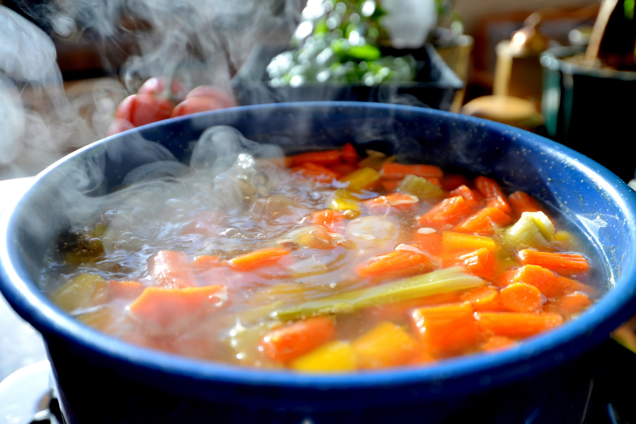 A steaming bowl of vegetable soup.