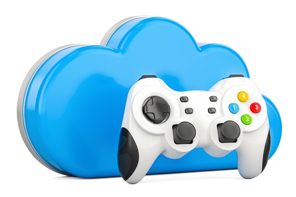 A white video game controller with a blue cloud behind it.