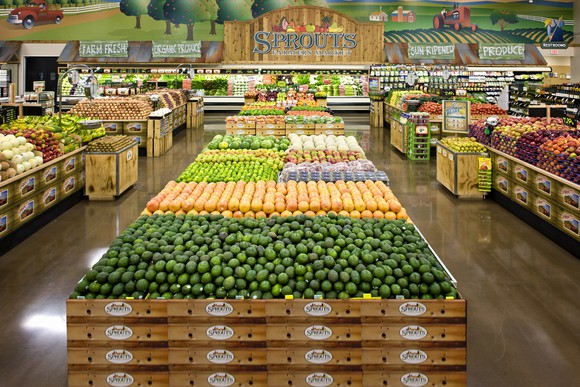 The interior of a Sprouts store featuring rows of fresh produce.