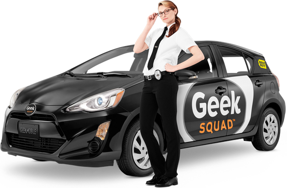 Female Geek Squad member from Best Buy posing next to Geek Squad car