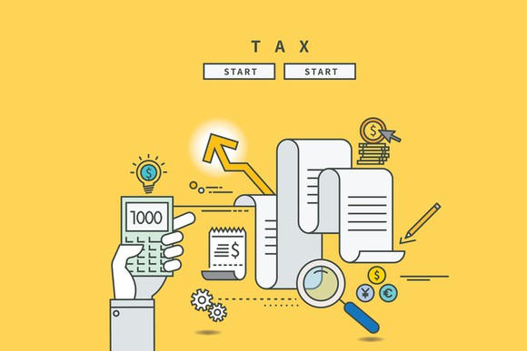 Colorful illustrated concept of tax forms, calculator, dollar signs, pencils, etc.