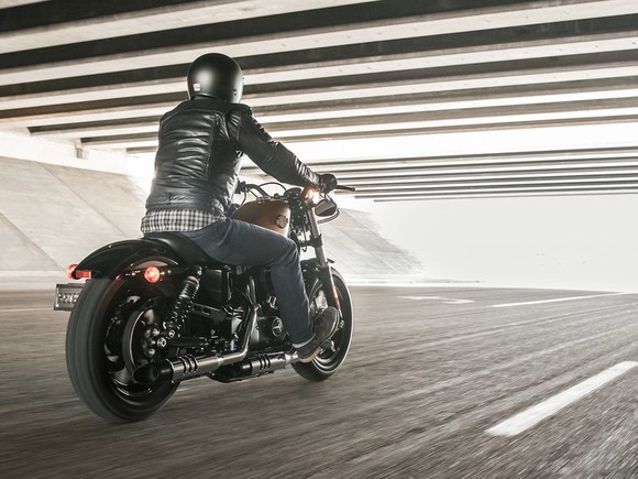 Motorcyclist riding under a bridge