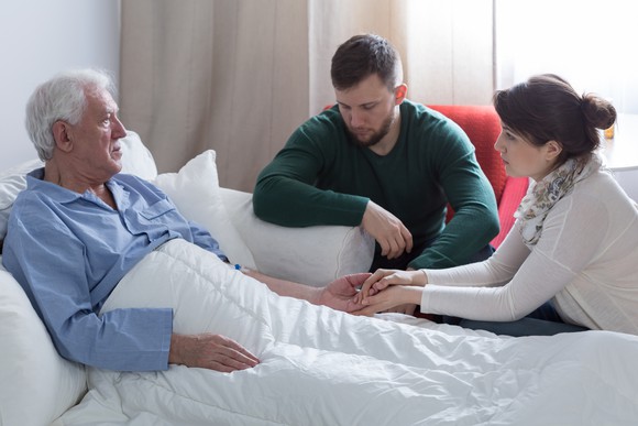 A sickly man in bed surrounded by his adult woman and man.