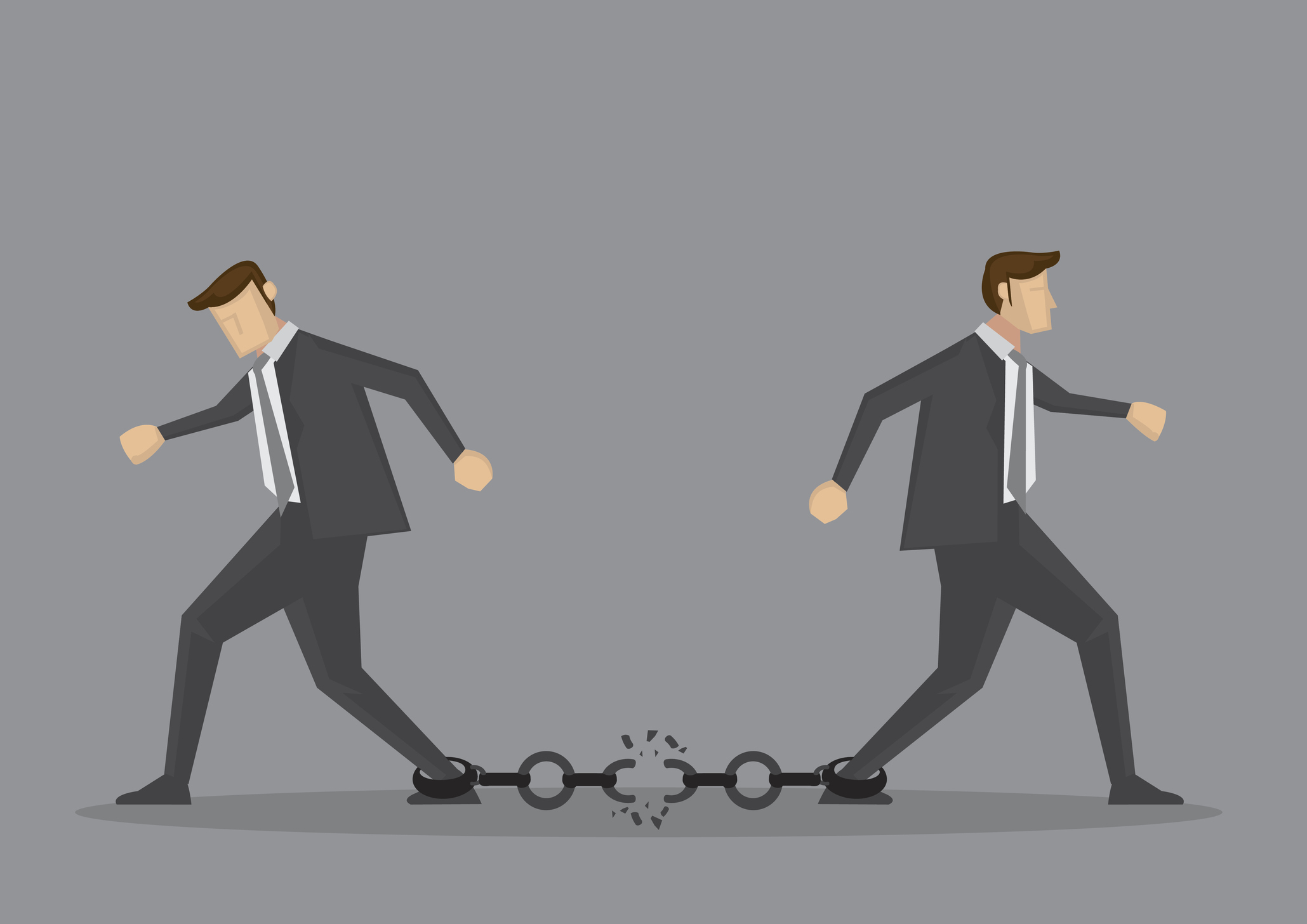 Two cartoon-style businessmen trying to walk away from each other, snapping a chain attached to their ankles.