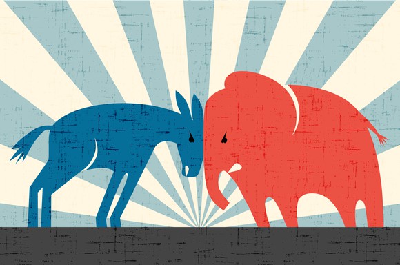 The blue Democrat donkey and red Republican elephant butting heads.