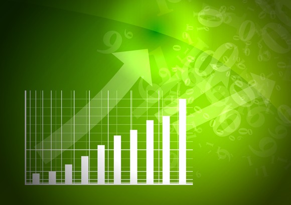 An arrow pointing up and to the right as it tracks growth on a bar chart.