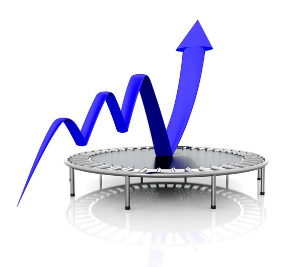 A blue charting arrow bounces off a trampoline.
