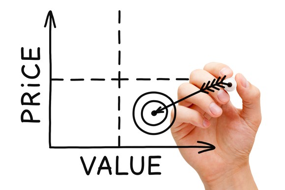 Four quadrants on a price/value chart with a hand drawing an arrow hitting a bulls-eye in the low price/high value quadrant