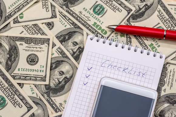 A note pad with checklist written on it and $100 bills in the background.