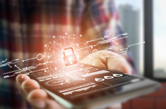 A person holding a smartphone with a web and lock projected on top of it.